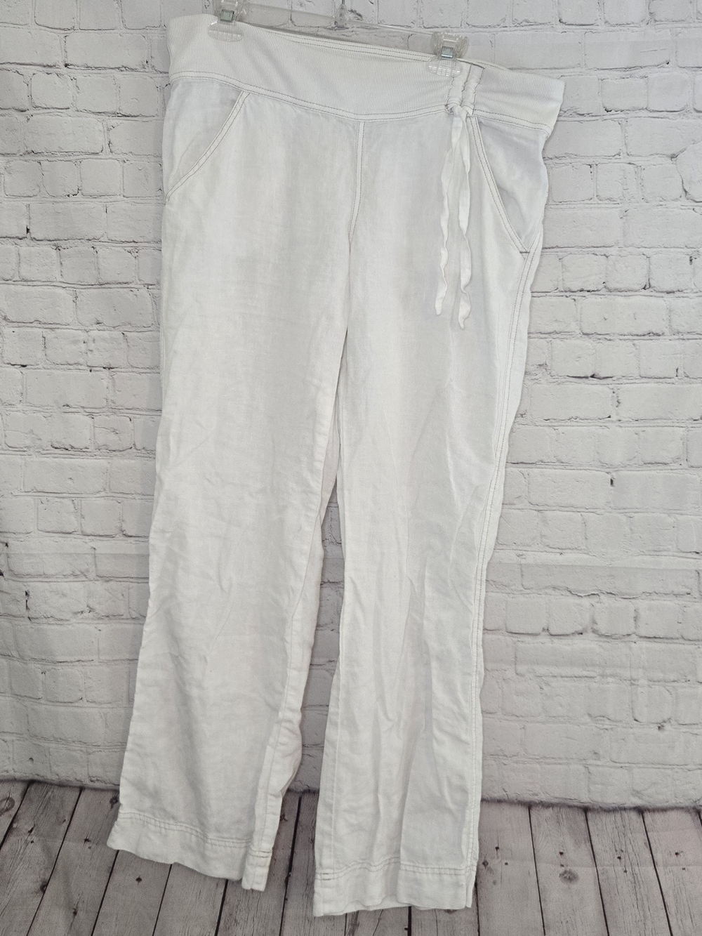 Athleta Retreat Linen High Rise Wide Leg Pant White‎ Size M Drawstring Side Tie